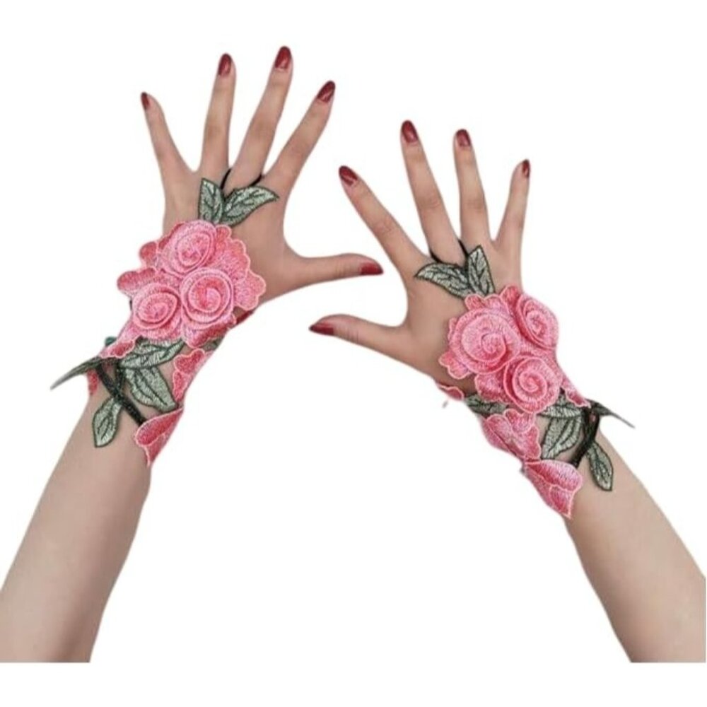 Women's A-B-Pink Flowers Embroidered Lace Gloves Cocktail Party Costumes
